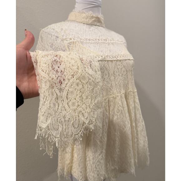 Ivory Lace Victorian Long Sleeve High Neck Blouse Cottage Boho Coquette Small - Picture 4 of 11